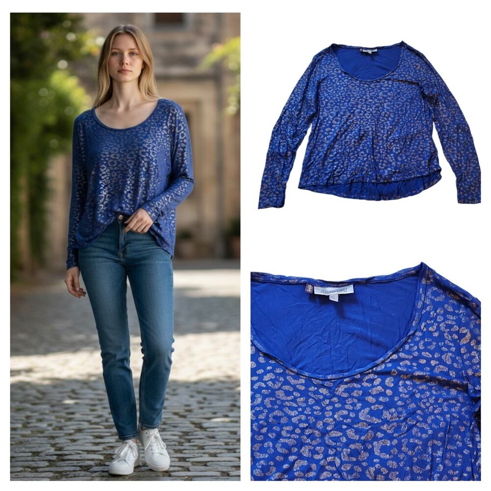 Jennifer Lopez Womens Long Sleeve Tee Size L Blue Gold Animal Print Stretch Top